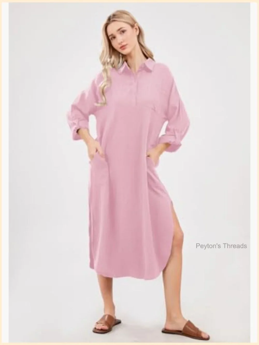 Women's Cotton Linen Shirt Dress Button Down Casual Loose Maxi Shift Dress - Picture 2 of 5